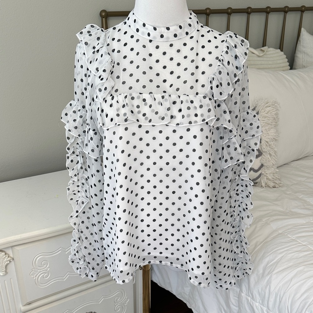 Mud Pie Black & White Polka Dot Ruffle Blouse Twee Coquette Top Small